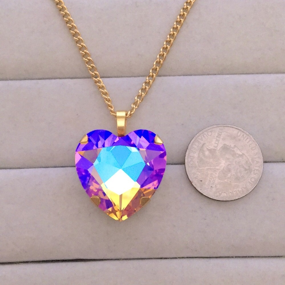 Iridescent Topaz Pink Rose Aurora Borealis + Gold Crystal Heart Drop Necklace - Picture 8 of 8